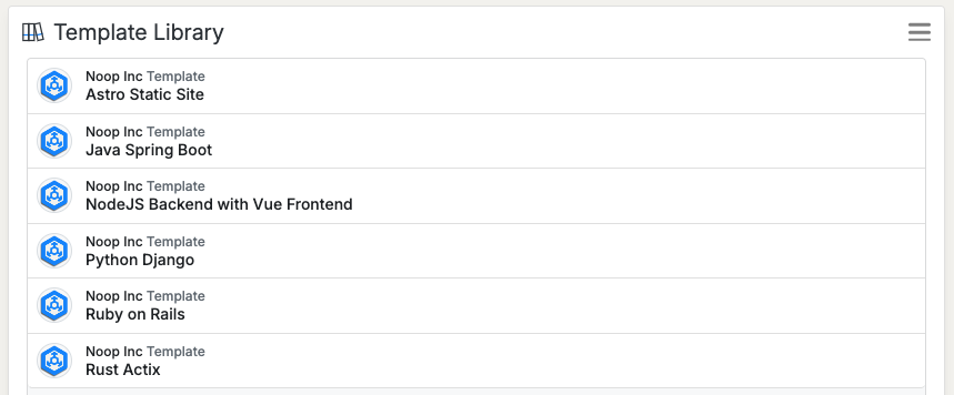 Panel showing available Templates on Application welcome page